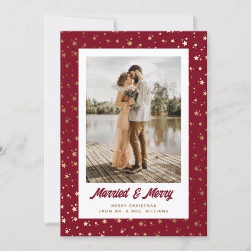 Newlyweds Photo Christmas Red Gold Script Holiday Card