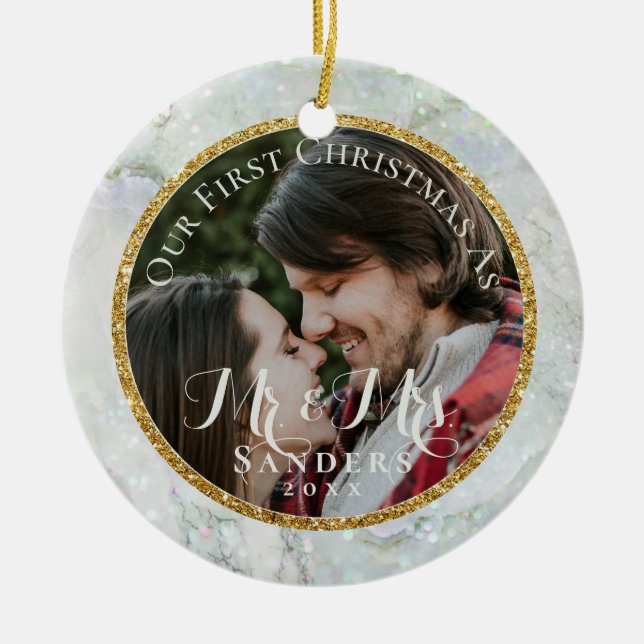Newlyweds Photo Gold Glitter Marble Christmas Tree Ceramic Ornament (Front)
