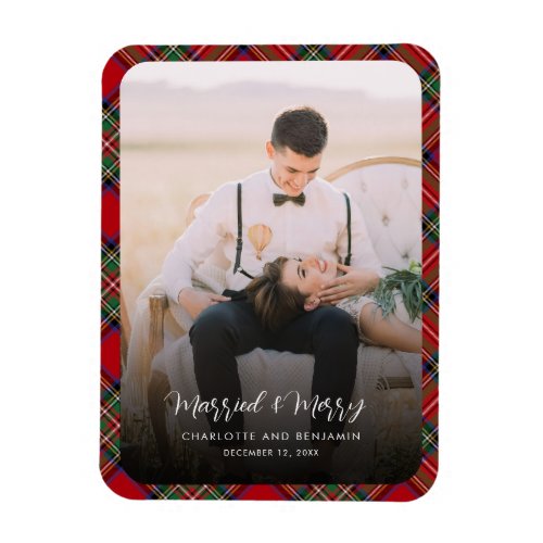 Newlyweds Photo Married and Merry Christmas Tartan Magnet