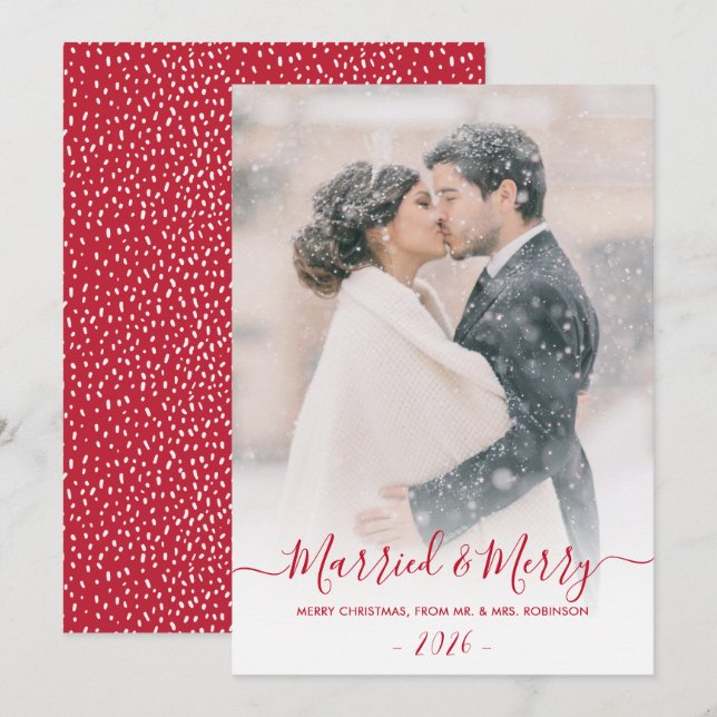 Newlyweds Photo Married and Merry Script Christmas Holiday Card (Front/Back)