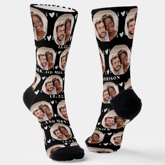  Newlyweds Photo Pattern Black Wedding Socks (Angled)