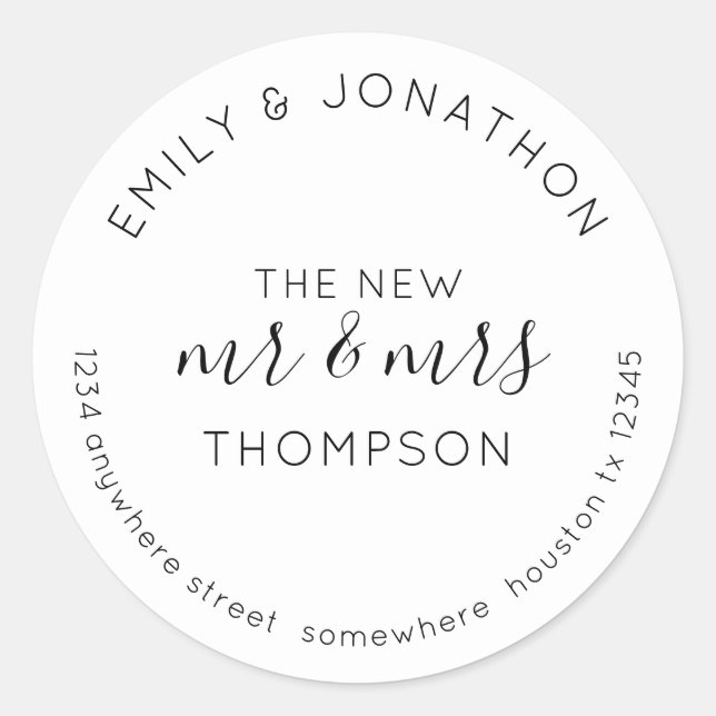 Newlyweds Return Name Address Black White  Classic Round Sticker (Front)