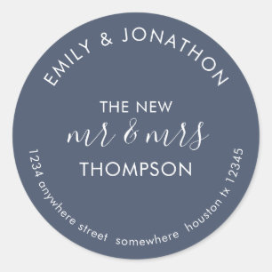 Newlyweds Return Name Address Dusty Navy Blue Classic Round Sticker
