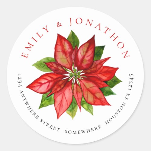 Newlyweds Return Name Address Poinsettia Wedding Classic Round Sticker