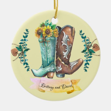 Newlyweds Rustic Wedding Cowboy Boots Watercolor   Ceramic Ornament