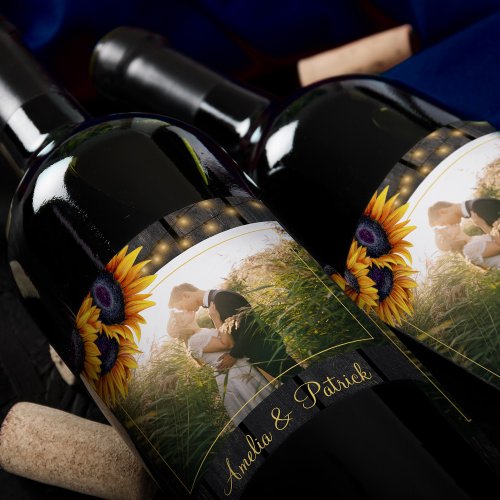 Newlyweds rustic wood sunflowers wedding photo wine label
