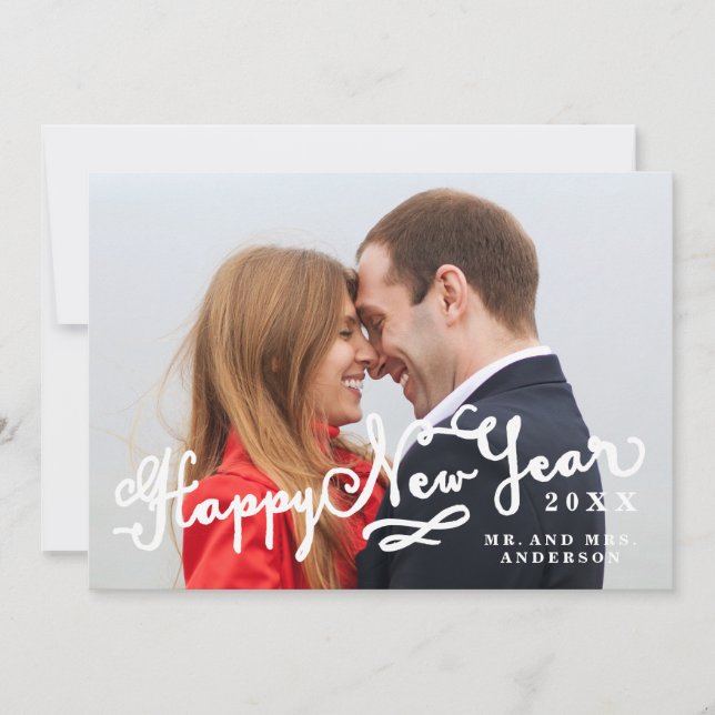 Newlyweds Script Happy New Year Holiday Photo Card (Front)