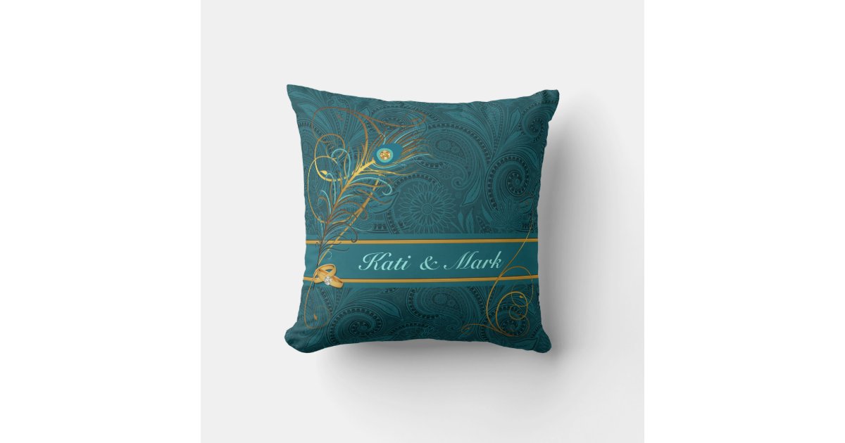 Newlyweds Teal Peacock and Gold Custom Name Throw Pillow
