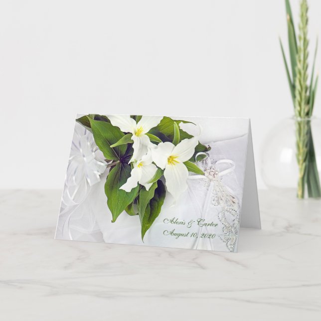 Newlyweds-trillium bridal bouquet on pillow card (Front)