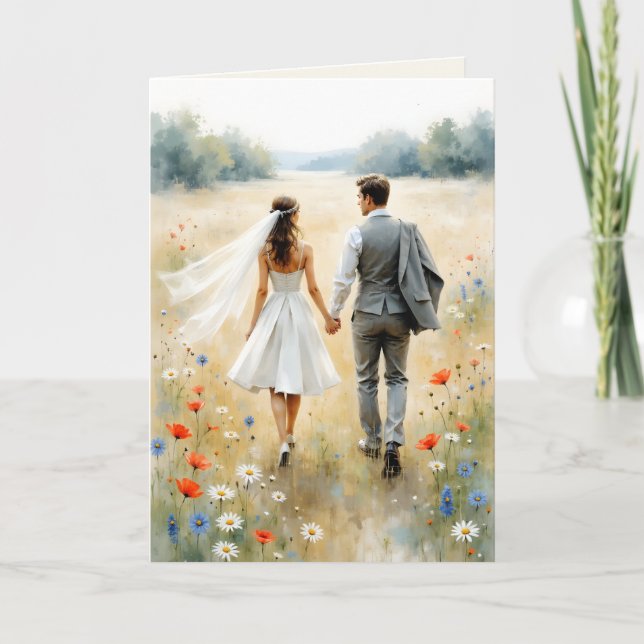 Newlyweds Walking in a Meadow Congratulations Card (Front)