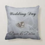 Newlyweds Wedding Day  Throw Pillow<br><div class="desc">Newlyweds Wedding Day Throw Pillow.
Features silver and bronze wedding rings photo as background.
This elegant design also is personalized with the names of the lucky
couple and the year of marriage.</div>