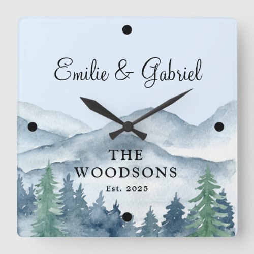 Newlyweds Wedding Rustic Forest Square Wall Clock