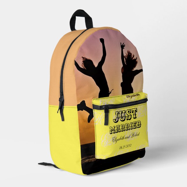 Newlyweds yellow & Black Modern Monogram Honeymoon Printed Backpack (Back Corner Left)