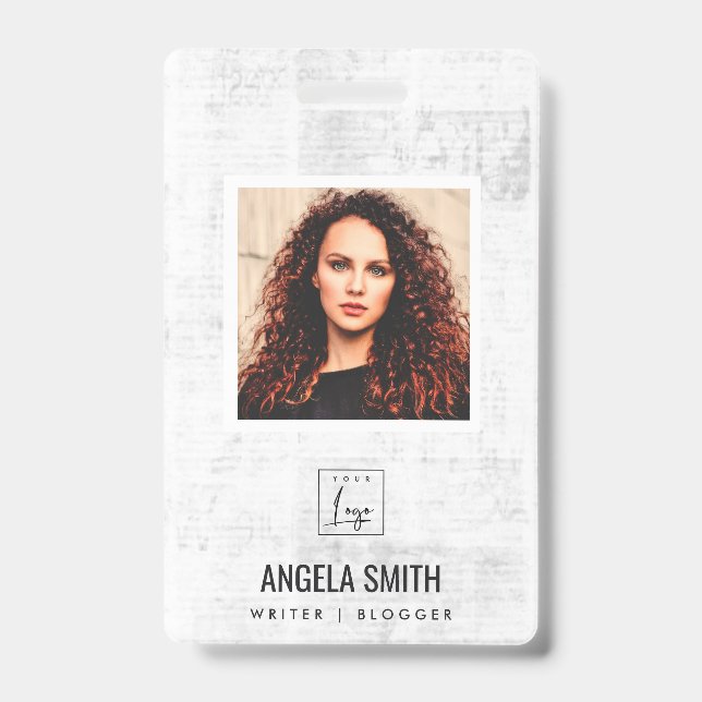 NEWPAPER TEXTURE EMPLOYEE PHOTO BARCODE NAME BADGE (Front)