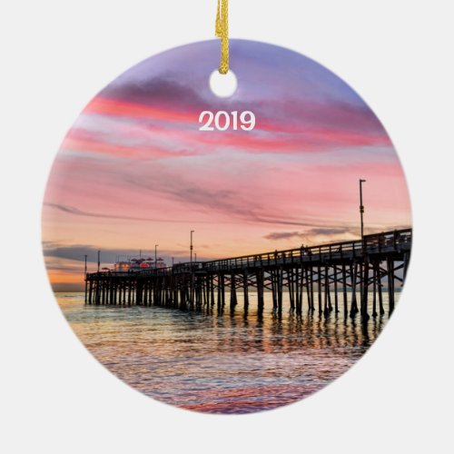 Newport Beach Balboa Pier 2 sided round Ceramic Ornament