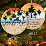 Newport Beach California Retro Sunset Palm trees Ceramic Ornament<br><div class="desc">Newport Beach California Tropical Retro Sunset design. Indulge in the nostalgia of Newport Beach with our vintage souvenir, designed specifically for seaside vacationers. Reminiscent of a bygone era, this design encapsulates the tranquility and beauty of the cove, serving as a delightful reminder of your beachside getaway. - You can personalize...</div>