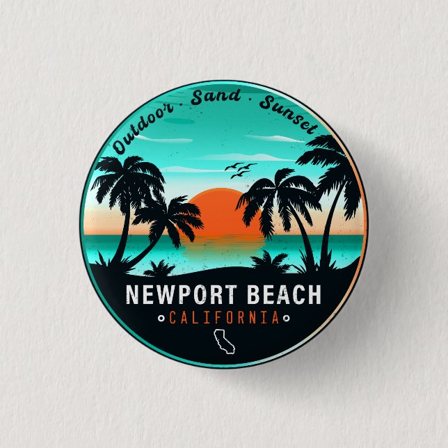 Newport Beach California Retro Sunset Souvenir 60s Button (Front)