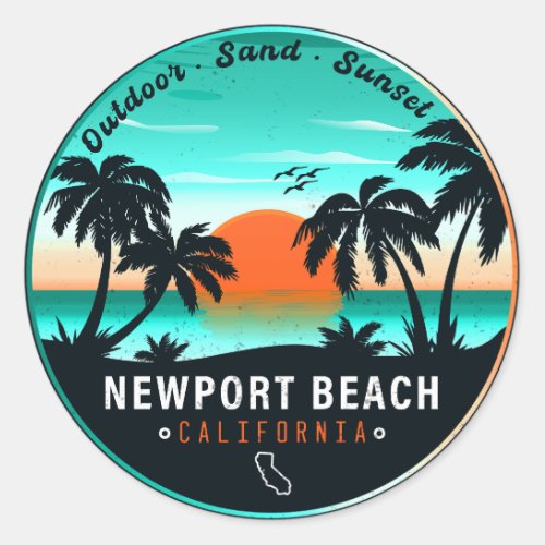 Newport Beach California Retro Sunset Vacation 80s Classic Round Sticker