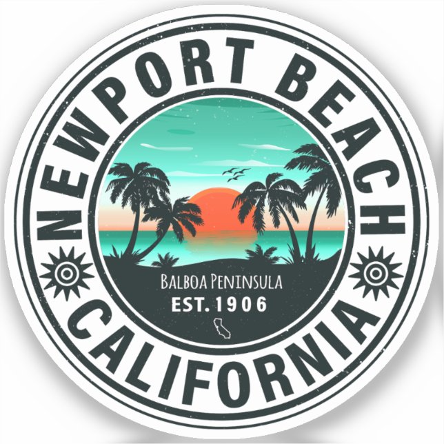 Newport Beach California Retro Sunset Vacation 80s Sticker (Front)