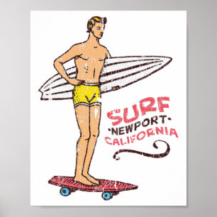 Newport Beach Surf Vintage Retro Surfboard 60s 70s Poster