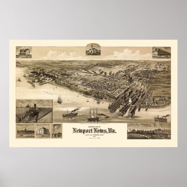 Newport News, VA Panoramic Map - 1891 Poster (Front)