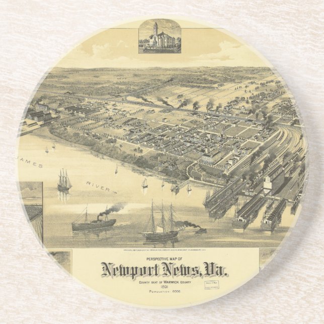Newport News Virginia Warwick County Map 1891 Drink Coaster (Front)