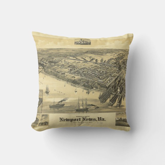 Newport News Virginia Warwick County Map 1891 Throw Pillow (Front)