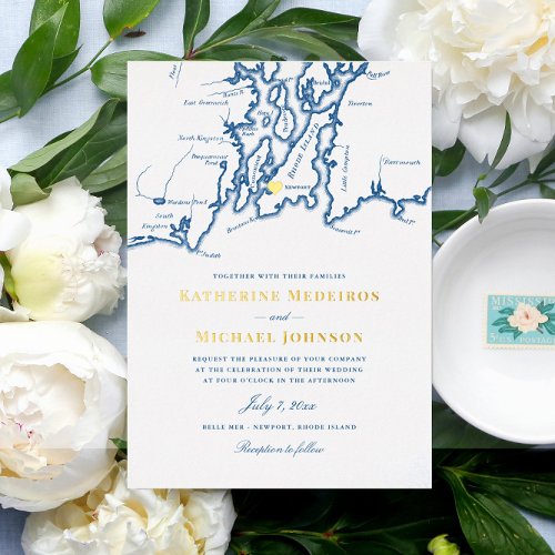 Newport Rhode Island Elegant Navy Blue Wedding Foil Invitation