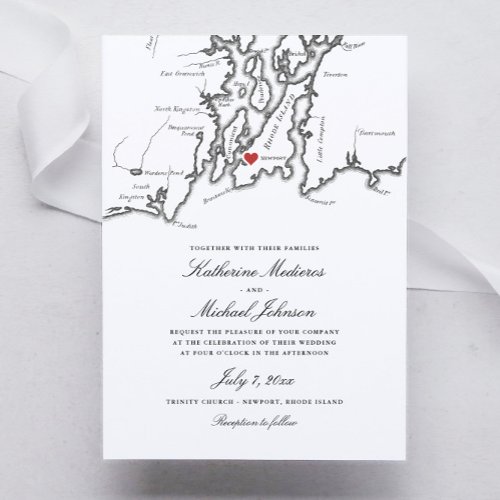 Newport Rhode Island Map Black and White Wedding Invitation