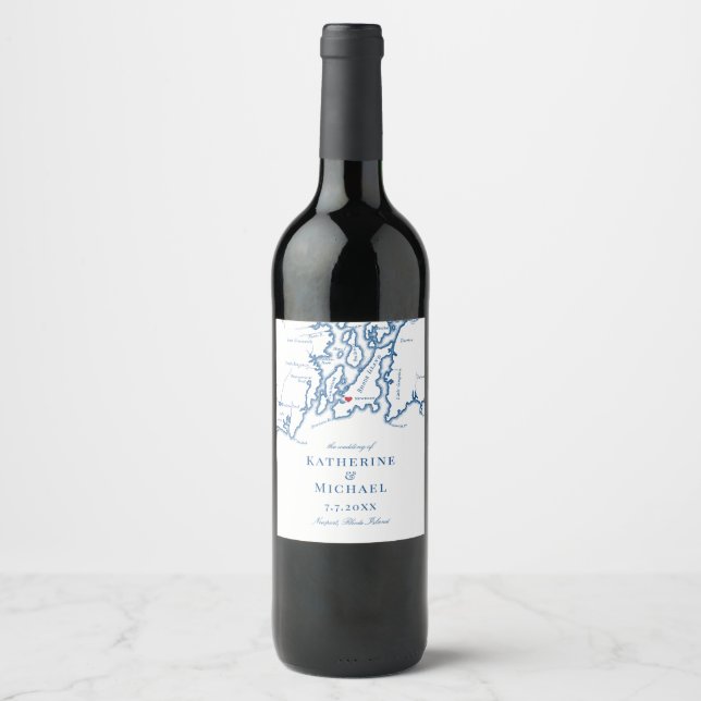 Newport Rhode Island Map Elegant Navy Wedding  Wine Label (Front)