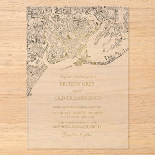 Newport Rhode Island Map golden Wedding Acrylic Invitations