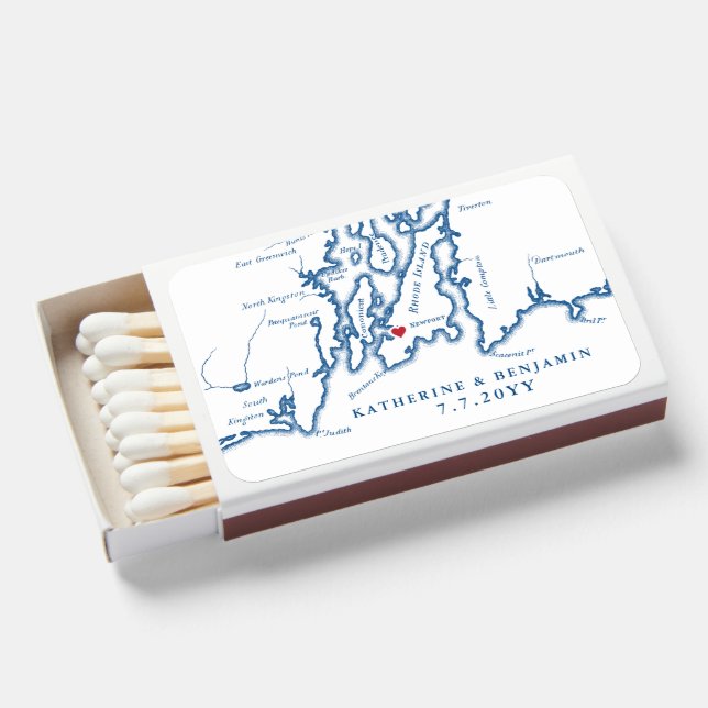 Newport Rhode Island Map Navy Elegant Wedding Matchboxes (Front Open)