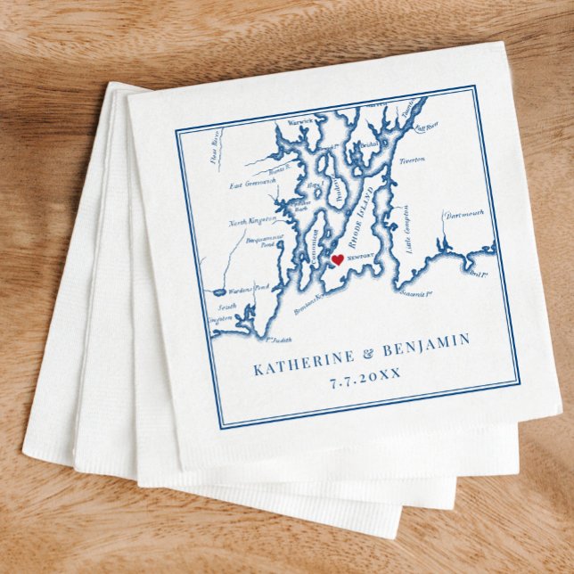 Newport Rhode Island Map Navy Elegant Wedding Napkins (These Newport, RI napkins are perfect for your Newport destination wedding in Narragansett Bay)