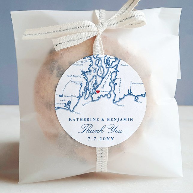 Newport Rhode Island Map Navy Wedding Favor Classic Round Sticker (These round Newport, RI stickers are perfect for packaging your Rhode Island wedding favors)