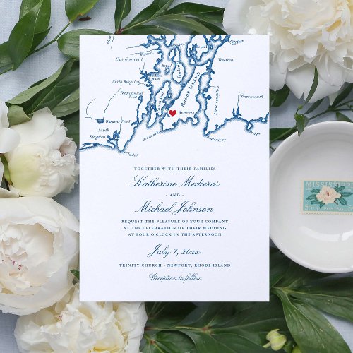 Newport Rhode Island Map Navy Wedding Invitation