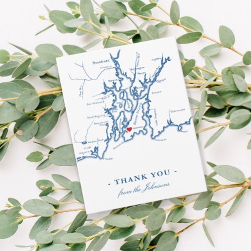 Newport Rhode Island Map with Heart Navy Wedding Thank You Card