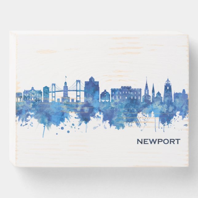 Newport Rhode Island USA Skyline Blue Wooden Box Sign (Front Horizontal)