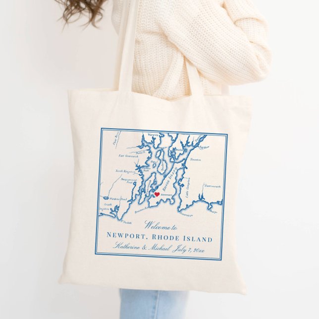 Newport Rhode Island Wedding Welcome Tote Bag (Elegant Newport Rhode Island map wedding tote bag personalized with couples names and date)
