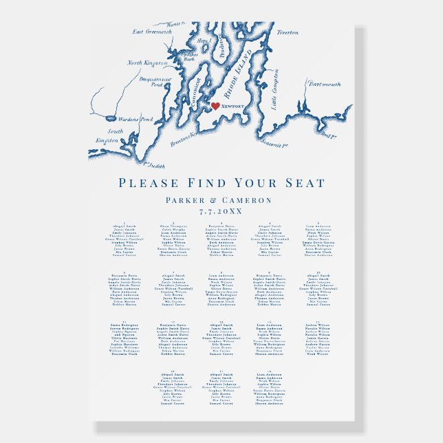 Newport RI Map 18 Table Wedding Seating Chart Foam Board (Front)