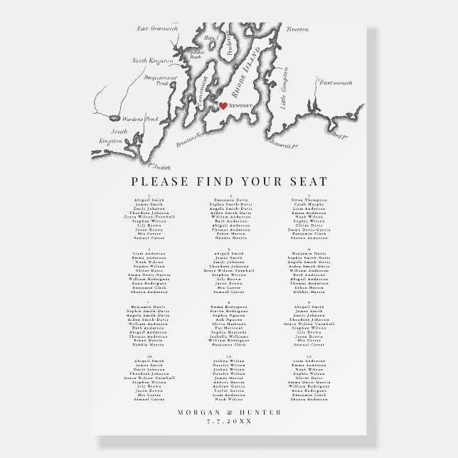 Newport RI Map Black White Wedding Seating Chart Foam Board (Front)
