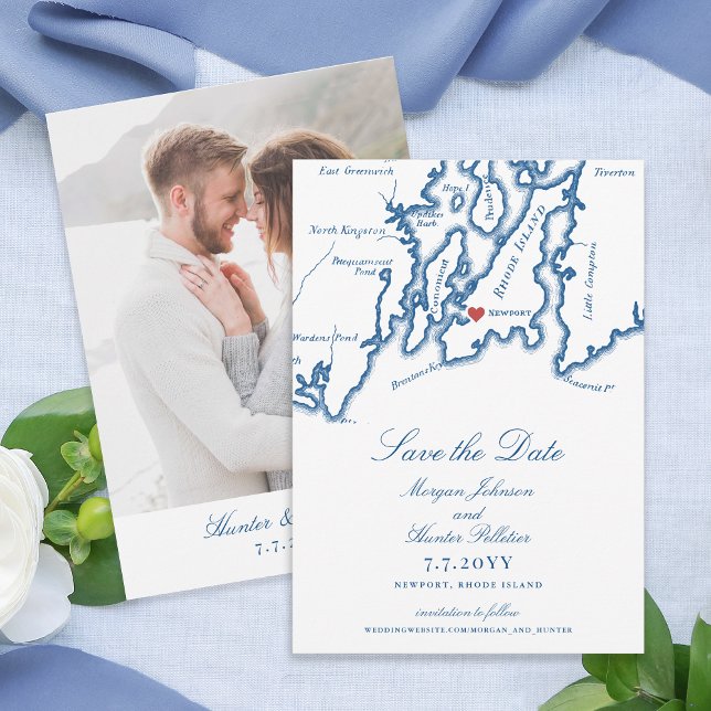 Newport RI Map Elegant Navy Blue Wedding Save The Date (Newport RI Map Save the Date with Photo for an Elegant Navy Blue Wedding from Coastal Map Designs)