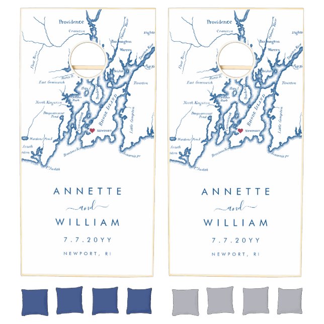 Newport RI Minimal Modern Navy Custom Wedding Cornhole Set (Set)