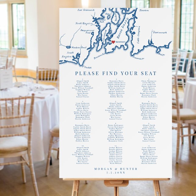 Newport RI Navy Blue Map Wedding Seating Chart Foam Board (This Newport Rhode Island Seating chart is perfect for your Newport destination wedding reception)