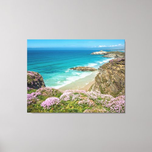 Newquay beach in North Cornwall wild flowers cliff Canvas Print