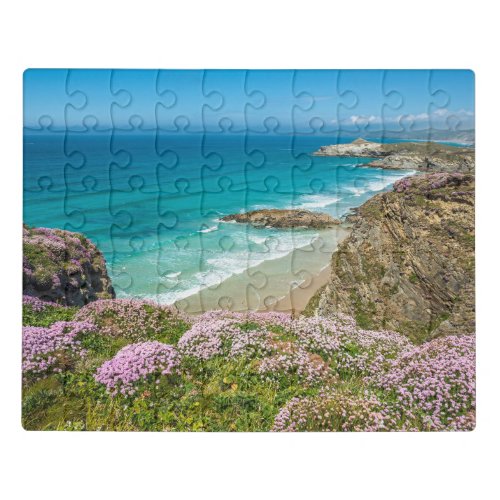 Newquay beach in North Cornwall wild flowers cliff Jigsaw Puzzle