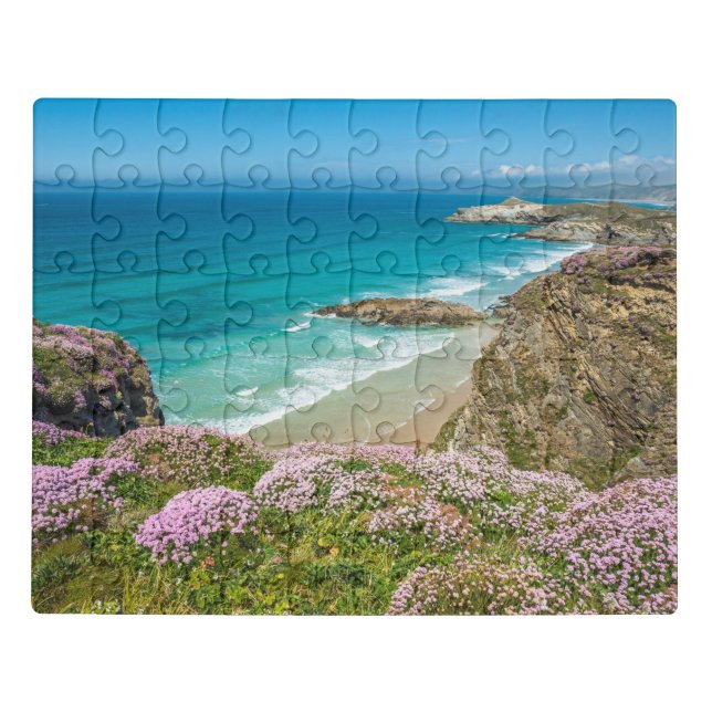 Newquay beach in North Cornwall wild flowers cliff Jigsaw Puzzle (Puzzle Horizontal)