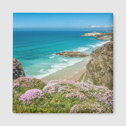 Newquay beach in North Cornwall wild flowers cliff Magnet