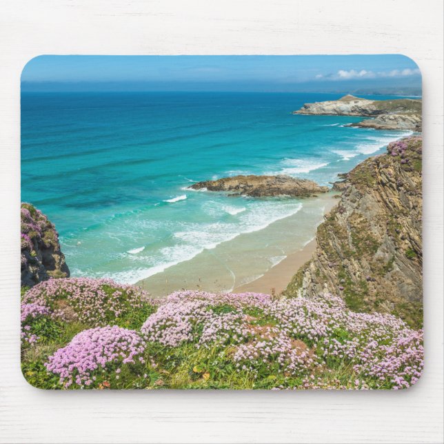 Newquay beach in North Cornwall wild flowers cliff Mouse Pad (Front)
