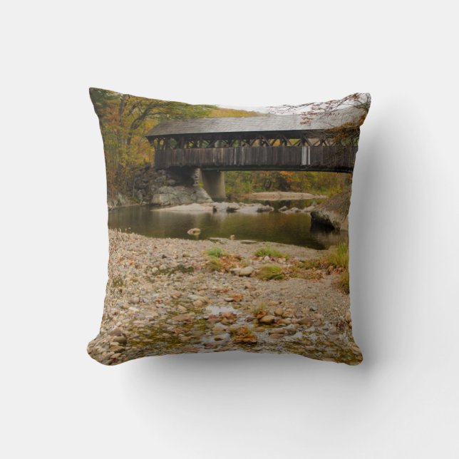 Newry Covered Bridge over river in autumn Throw Pillow (Front)