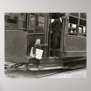 Newsboy Riding Trolley, 1910. Vintage Photo Poster